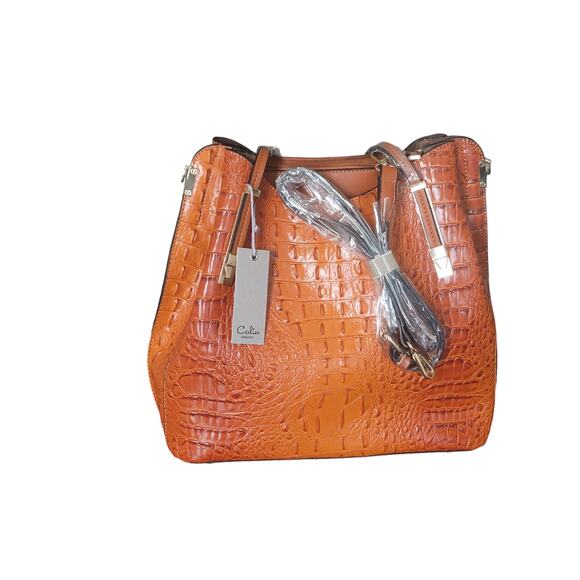 FAUX CROC SATCHEL WITH LONG CROSSBODY STRAP - Picture 1 of 9